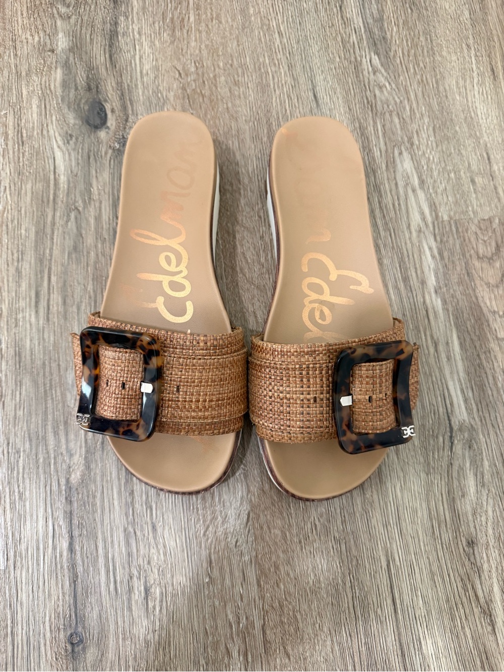 Sam Edelman Tan Raffia Slide Sandals with Tortoiseshell Buckle